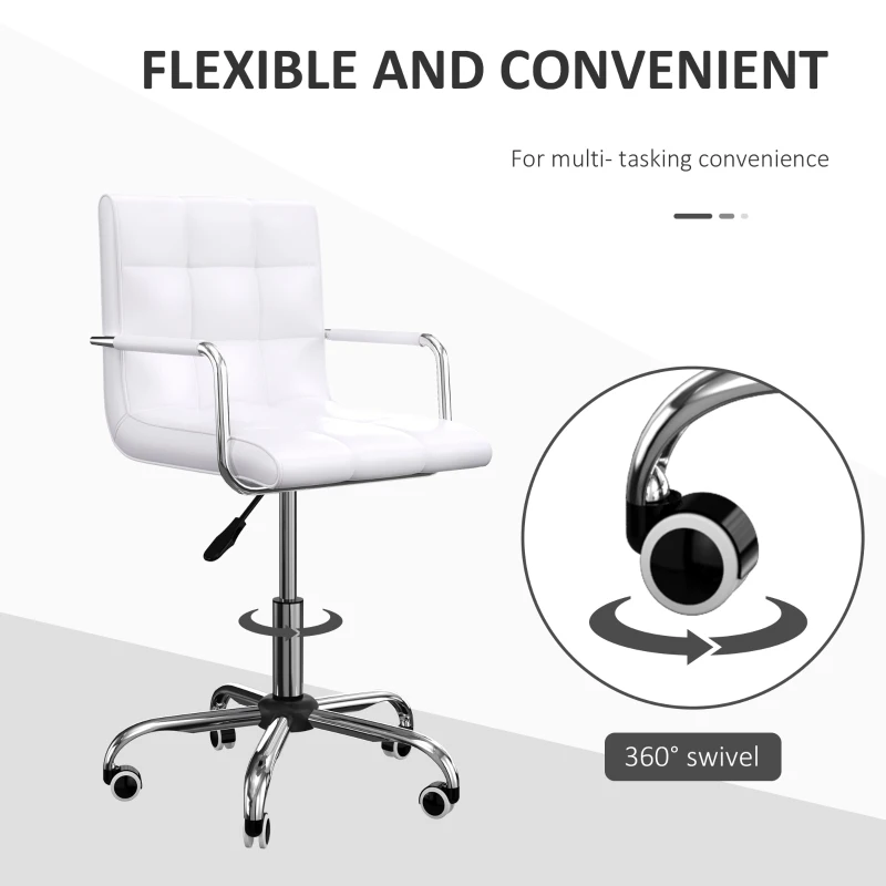 Vinsetto Office Chair, Makeup Vanity Chair, Mid Back Computer Chair, PU Leather Swivel Study Chair with Adjustable Height, Armrest and Rolling Wheels, White