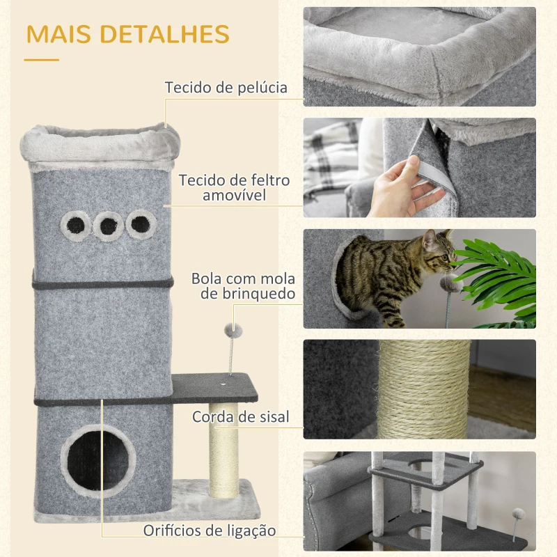 PawHut Arranhador em Forma de Cilindro  para Gatos com 3 Níveis com Poste de Sisal Cama e Bola de Brincar 60x40x120cm Cinza
