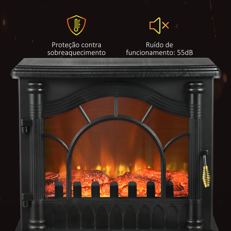 HOMCOM Lareira Elétrica 1000W/2000W com Temperatura Ajustável e Brilho Ajustável para Ambientes 15-30 m² 55x31x58 cm Preto