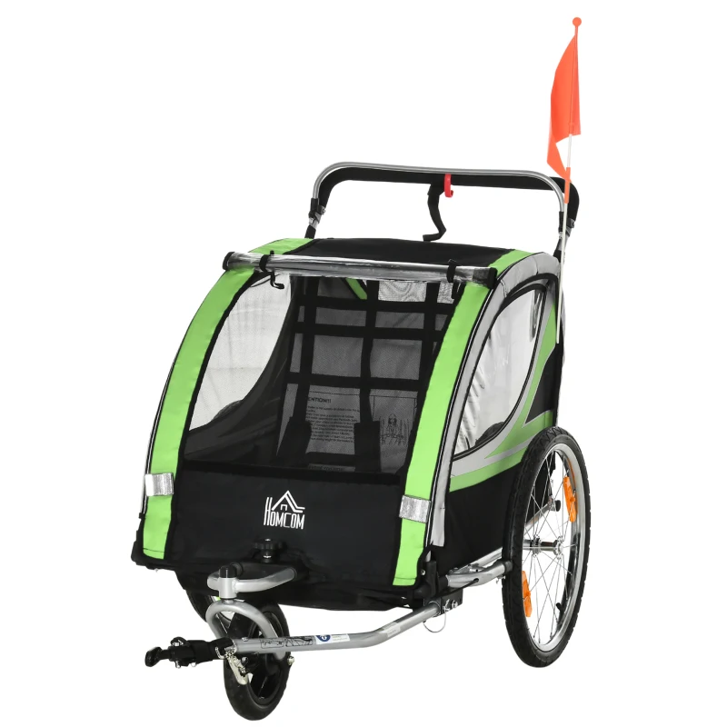 HOMCOM Child Bike Trailer 2 In 1 Baby Stroller 2 Seater Transport Carrier with Hitch Coupler, Brake, 5 Point Harness, Storage Bag, Reflector, Flag, Green