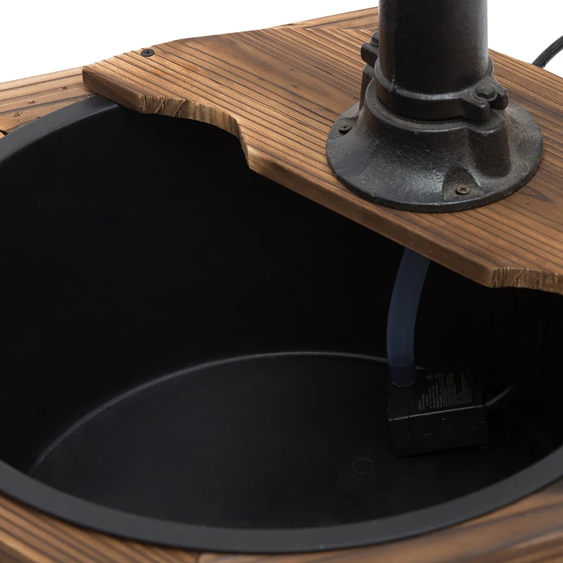 Outsunny Wooden Electric Water Fountain Garden Ornament w/ Hand Pump Plastic Well Classic Water Pump Feature Decoration Suitable For Garden Patio Oasis