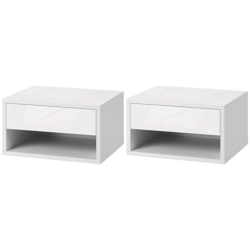 HOMCOM 2 Pieces Bedside Table Wall Mounted Nightstand with Drawer and Shelf for Bedroom, 37 x 32 x 21cm, High Gloss White