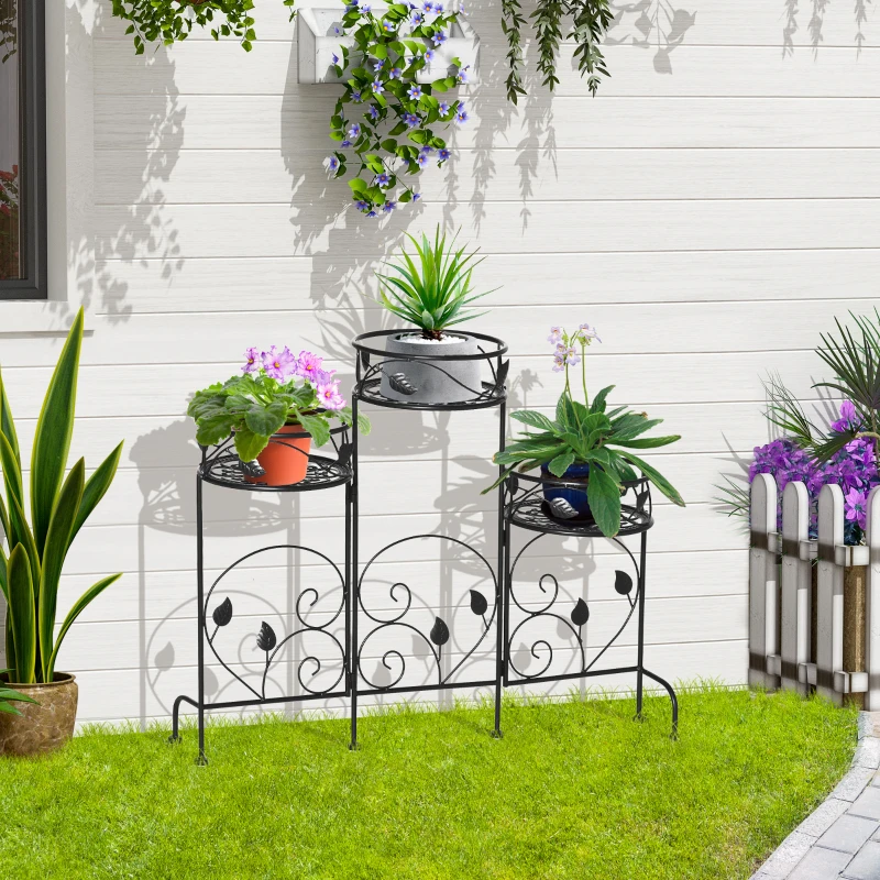 Outsunny Soporte de Metal para Plantas Macetas Plegable Estantería para Flores con 3 Estantes Decoración Interiores Exteriores para Jardín Terraza Balcón 74x23x62 cm Negro