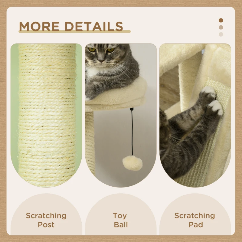 PawHut Copac pentru Pisici cu Casuta, Stalpi de zgariere pentru Pisici, Stinghie si Stalp, 48.5x48.5x141.5 cm, Bej