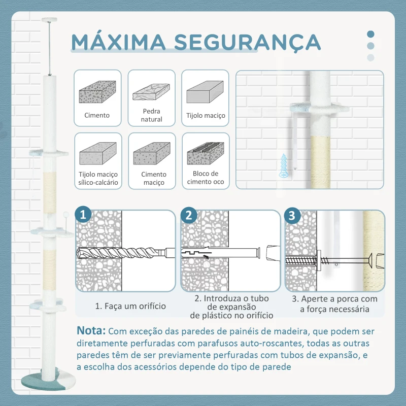 PawHut Arranhador para Gatos do Chão do Teto com Altura Ajustável 3 Plataformas em Forma de Onda Postes de Arranhar e 1 Bola 55x38x225-255 cm Branco