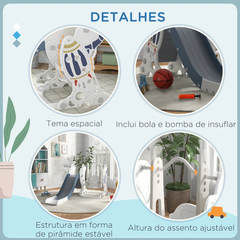 AIYAPLAY Conjunto de Escorregador e Baloiço para Crianças 3 em 1 Baloiço para Crianças de 18-48 Meses Escorregador e Cesto de Basquetebol 150x185x92 cm Branco e Azul