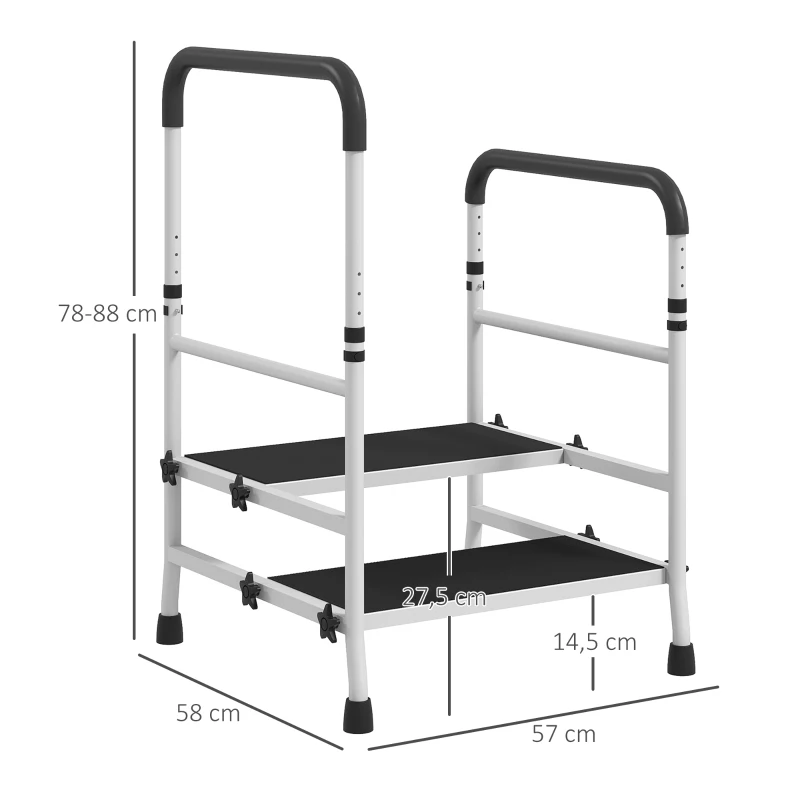 HOMCOM Marchepied escabeau 2 marches avec 2 poignées barres de sécurité hauteur réglable pour appui noir blanc