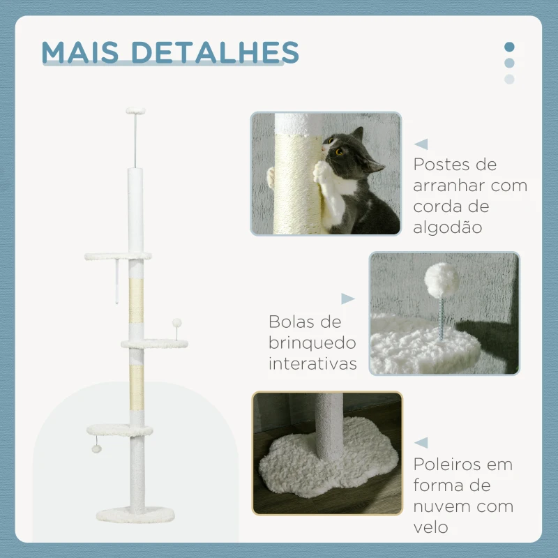 PawHut Arranhador para Gatos do Chão ao Teto com Altura Ajustável e 3 Plataformas em Forma de Nuvem 48x32x225-255 cm Branco
