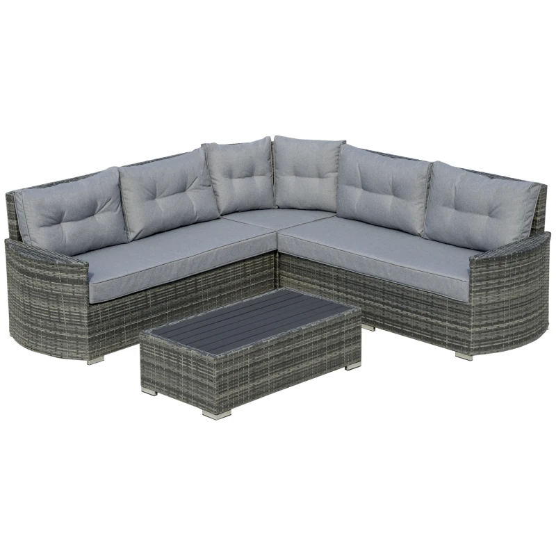 Outsunny 4 Pieces Outdoor PE Rattan Sofa Set, Patio Wicker Sectional Conversation Aluminium Frame Corner Sofa Set, w/ Padded Cushion & Topper Tea Table, Mixed Grey