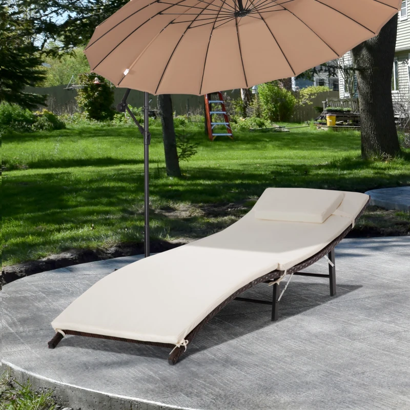 Outsunny Rattan Sun Lounger Garden Furniture Folding Outdoor Chair Wicker Weave Bed with Cushion and Pillow, Cream White