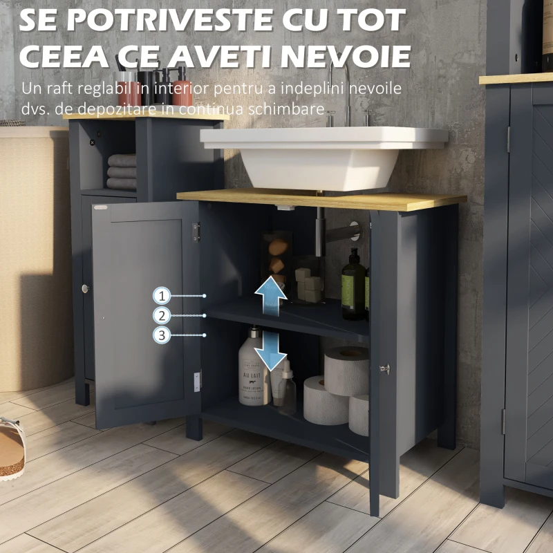 kleankin Dulap de Depozitare pentru Chiuveta cu Picior, Dulap sub Chiuveta, Dulap Masuta pentru Baie cu Usi Duble si Raft Reglabil(m-6)