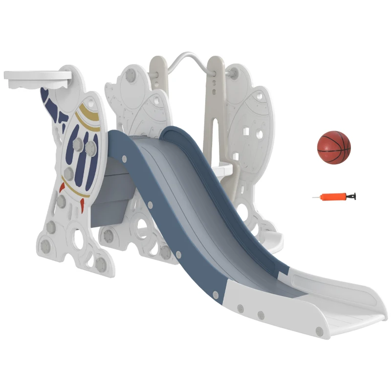 AIYAPLAY Conjunto de Escorregador e Baloiço para Crianças 3 em 1 Baloiço para Crianças de 18-48 Meses Escorregador e Cesto de Basquetebol 150x185x92 cm Branco e Azul