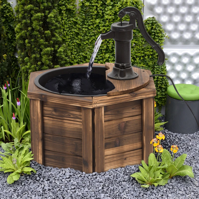 Outsunny Wooden Electric Water Fountain Garden Ornament w/ Hand Pump Plastic Well Classic Water Pump Feature Decoration Suitable For Garden Patio Oasis