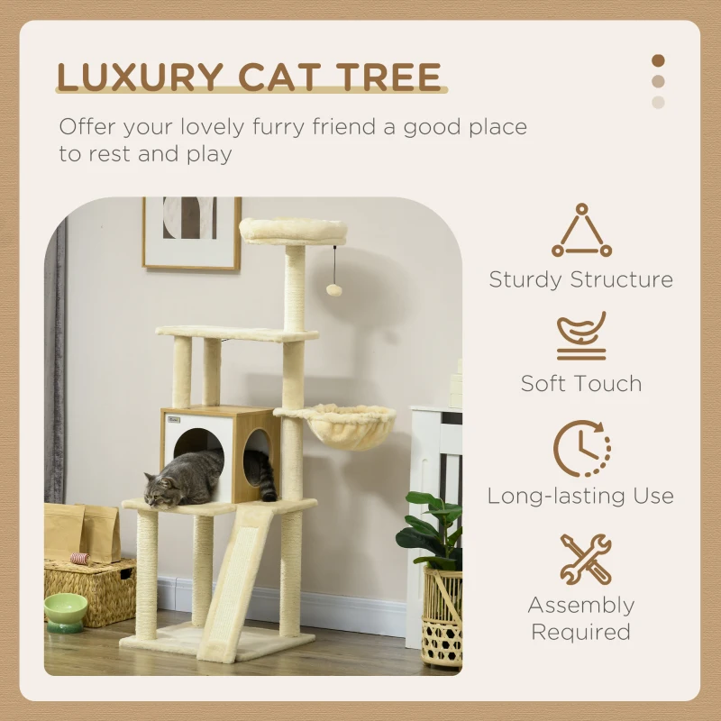 PawHut Copac pentru Pisici cu Casuta, Stalpi de zgariere pentru Pisici, Stinghie si Stalp, 48.5x48.5x141.5 cm, Bej