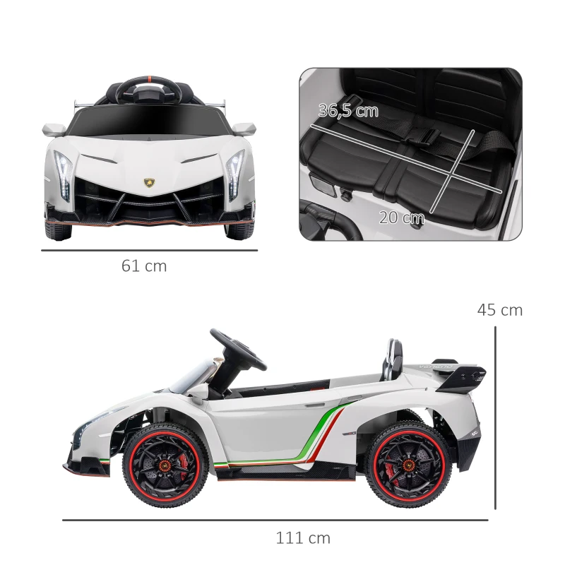 HOMCOM Carro Elétrico Lamborghini 12V Velocidade Máxima 7 km/h com Controlo Remoto MP3 Luzes e Cinto de Segurança 111x61x45 cm Branco