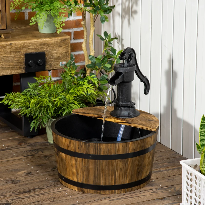 Outsunny Wooden Barrel Water Fountain Outdoor Garden Decorative Water Feature w/ Electric Pump
