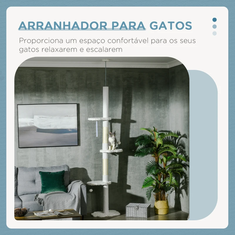 PawHut Arranhador para Gatos do Chão ao Teto com Altura Ajustável e 3 Plataformas em Forma de Nuvem 48x32x225-255 cm Branco