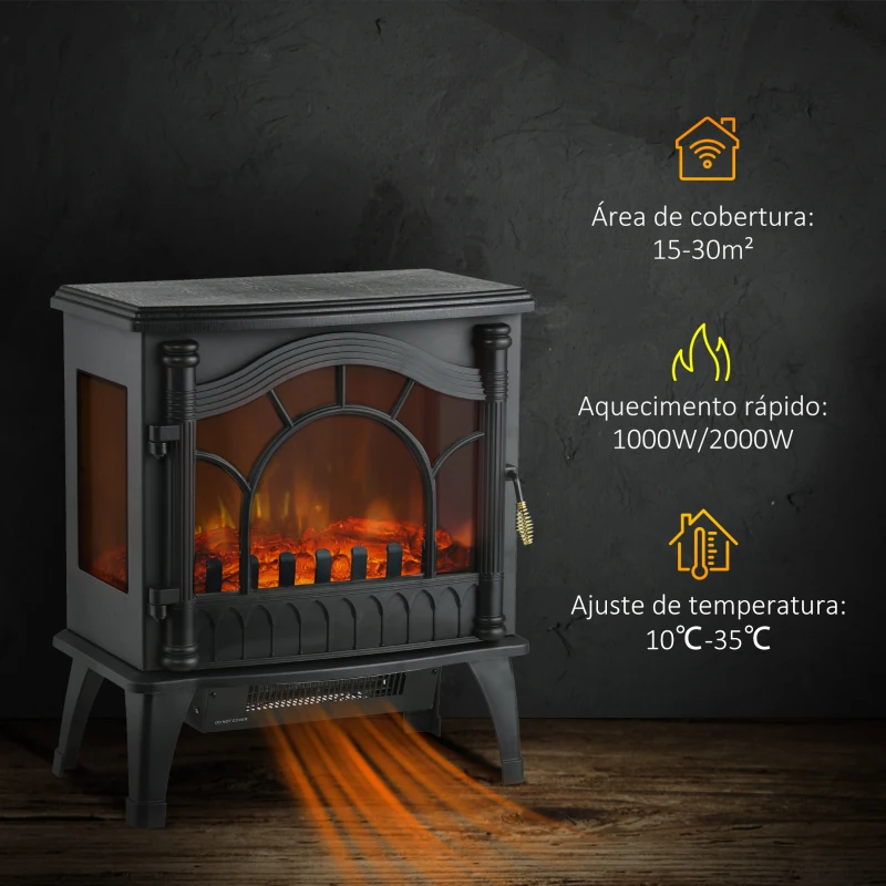 HOMCOM Lareira Elétrica 1000W/2000W com Temperatura Ajustável e Brilho Ajustável para Ambientes 15-30 m² 55x31x58 cm Preto