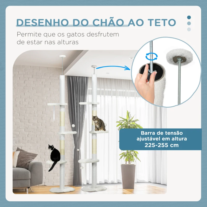 PawHut Arranhador para Gatos do Chão ao Teto com Altura Ajustável e 3 Plataformas em Forma de Nuvem 48x32x225-255 cm Branco