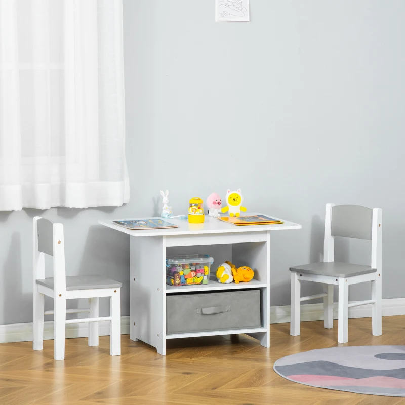 HOMCOM 3 Pcs Kids Table & Chairs Set Mini Seating Furniture Home Playroom Bedroom Dining Room w/ Storage Drawers Safe Corners for 2-4 Years old White