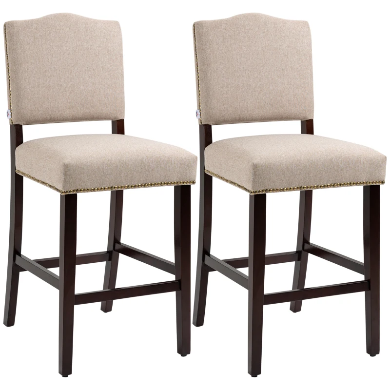 HOMCOM Modern Fabric Bar Stools Set of 2, Thick Padding Kitchen Stool, Bar Chairs with Back, Nailhead Trim, Wood Legs, Beige