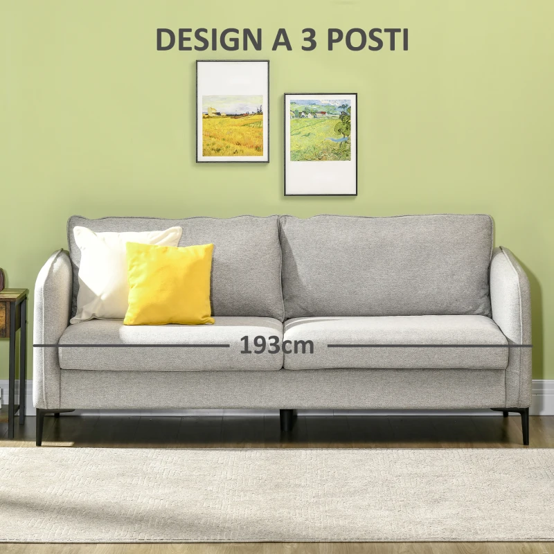 HOMCOM Divano 3 Posti in Tessuto Grigio con 5 Piedini e Doghe, 193x78x71cm