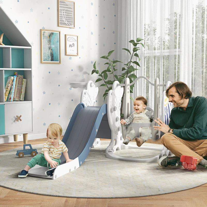 AIYAPLAY Conjunto de Escorregador e Baloiço para Crianças 3 em 1 Baloiço para Crianças de 18-48 Meses Escorregador e Cesto de Basquetebol 150x185x92 cm Branco e Azul