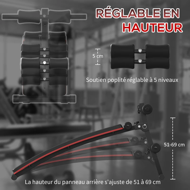 HOMCOM Banc de musculation pliable banc abdominaux hauteur réglable 5 positions dim. 139L x 47l x 51-69 cm rouge noir