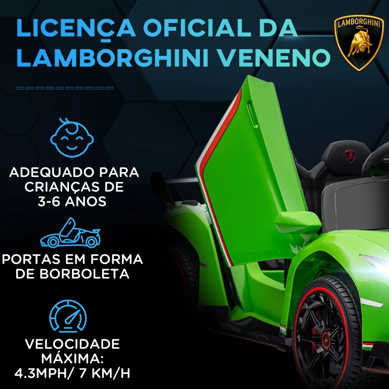 HOMCOM Carro Elétrico Lamborghini 12V Velocidade Máxima 7 km/h com Controlo Remoto MP3 Luzes e Cinto de Segurança 111x61x45 cm Verde