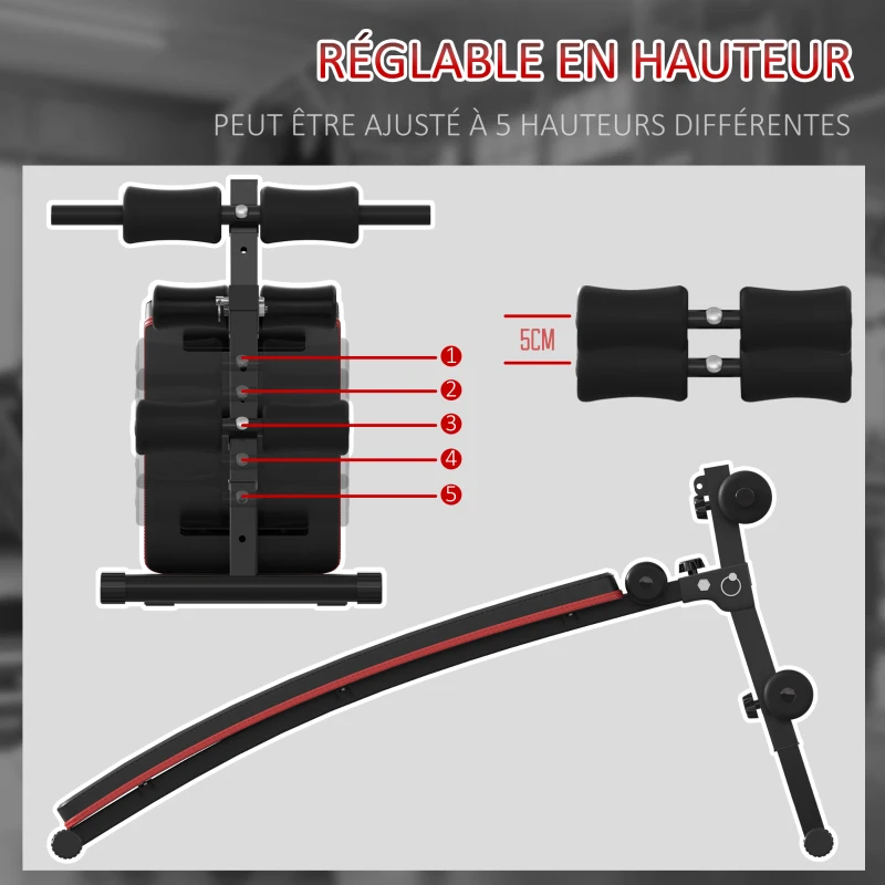 HOMCOM Banc de musculation pliable banc abdominaux hauteur réglable 5 positions dim. 139L x 47l x 51-69 cm rouge noir