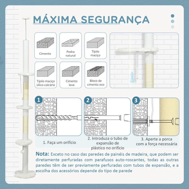 PawHut Arranhador para Gatos do Chão ao Teto com Altura Ajustável e 3 Plataformas em Forma de Nuvem 48x32x225-255 cm Branco