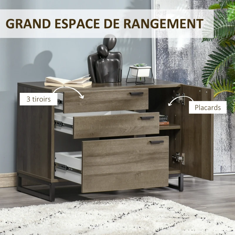 HOMCOM Armoire de rangement Buffet Meuble Rangement de dossiers 3 tiroirs, 1 Placard - pour Salle à Manger,bureau, Salon, Cuisine Dim. 80L x 41,5l x 58H cm