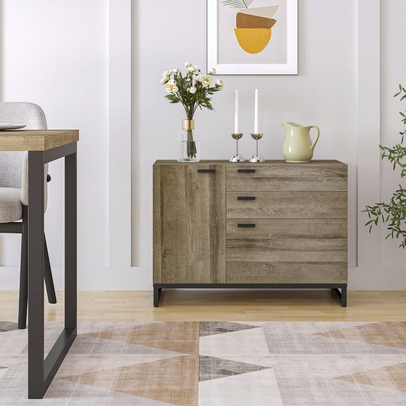 HOMCOM Armoire de rangement Buffet Meuble Rangement de dossiers 3 tiroirs, 1 Placard - pour Salle à Manger,bureau, Salon, Cuisine Dim. 80L x 41,5l x 58H cm