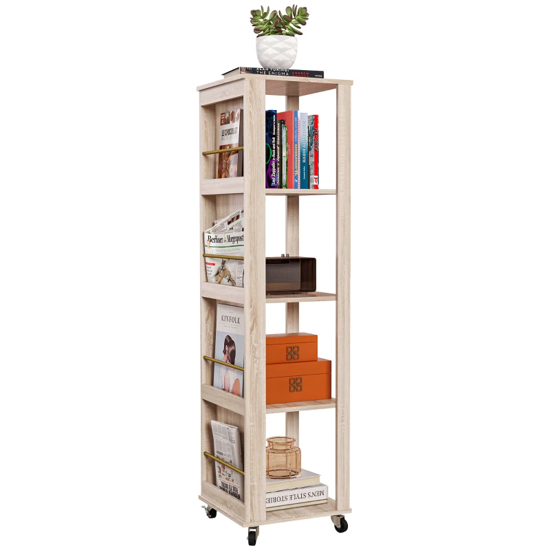 HOMCOM Libreria Portariviste Moderna a 4 Ripiani in Legno con Rotelle, 40x40x150cm, Quercia