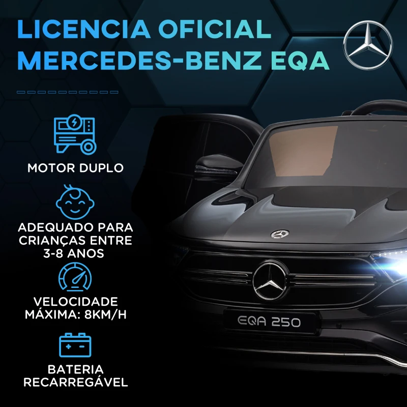 HOMCOM Carro Elétrico para Crianças Mercedes-Benz EQA 12V com Música Buzina Velocidade 3-8 km/h 111,5x69x52,5 cm Preto