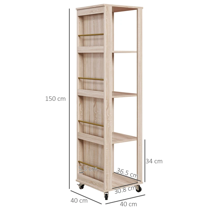 HOMCOM Libreria Portariviste Moderna a 4 Ripiani in Legno con Rotelle, 40x40x150cm, Quercia
