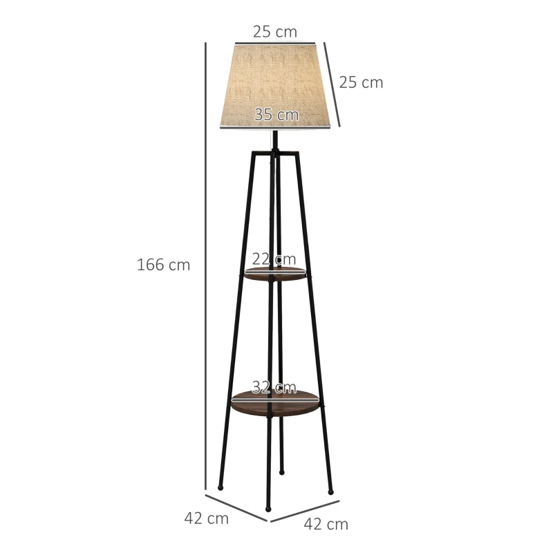 HOMCOM Lampada da Terra a 2 Ripiani in Metallo e MDF con Paralume in Tessuto, Ø42x166 cm, Nero e Marrone
