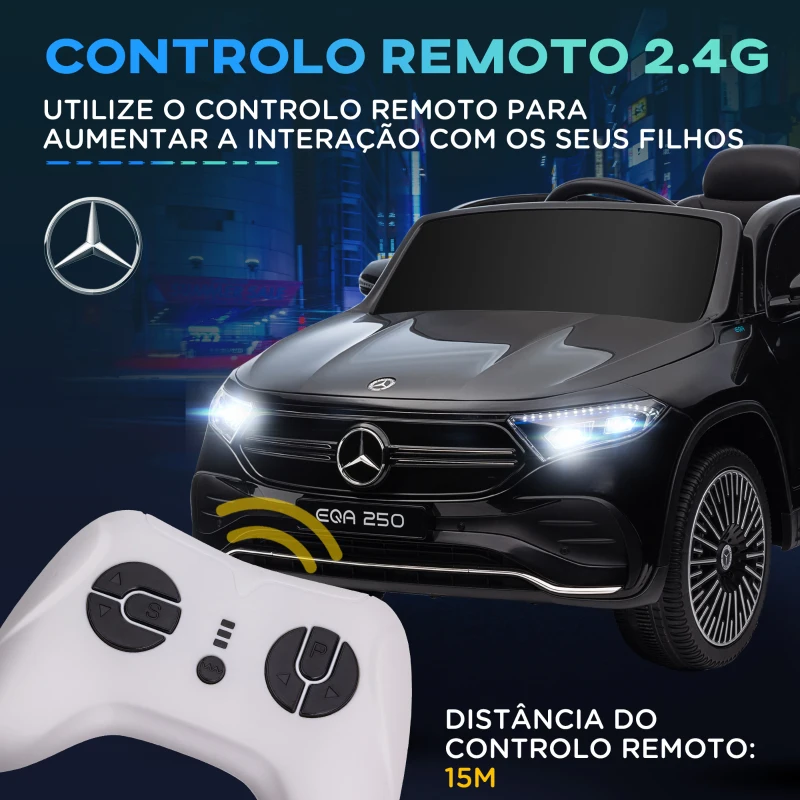 HOMCOM Carro Elétrico para Crianças Mercedes-Benz EQA 12V com Música Buzina Velocidade 3-8 km/h 111,5x69x52,5 cm Preto