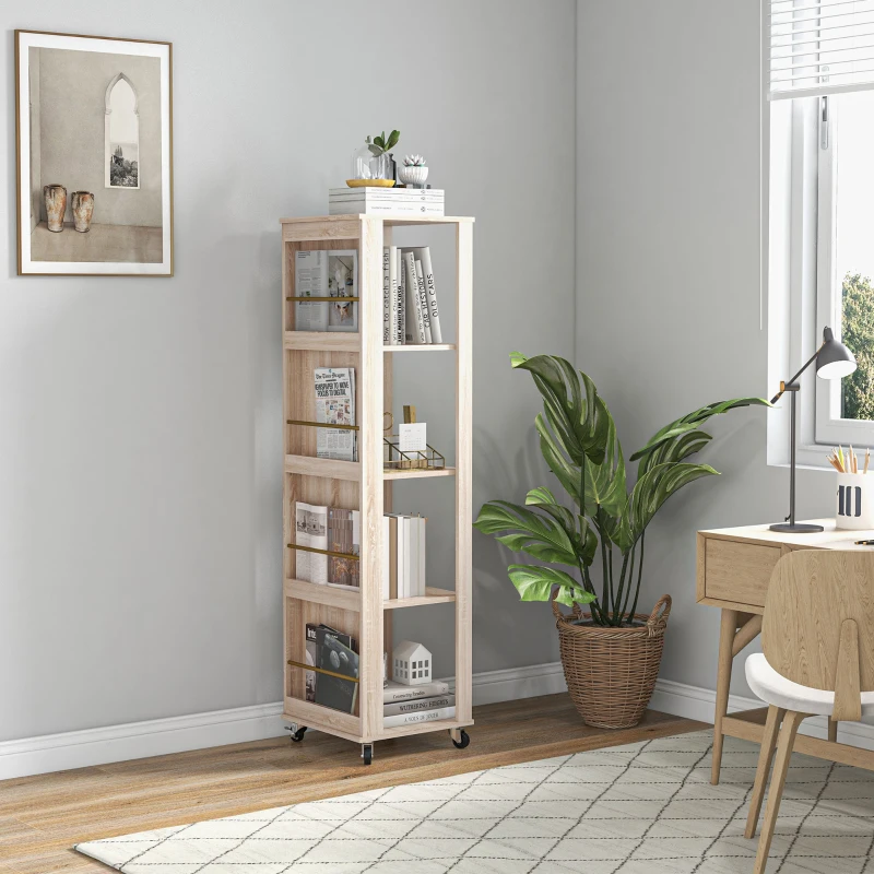 HOMCOM Libreria Portariviste Moderna a 4 Ripiani in Legno con Rotelle, 40x40x150cm, Quercia