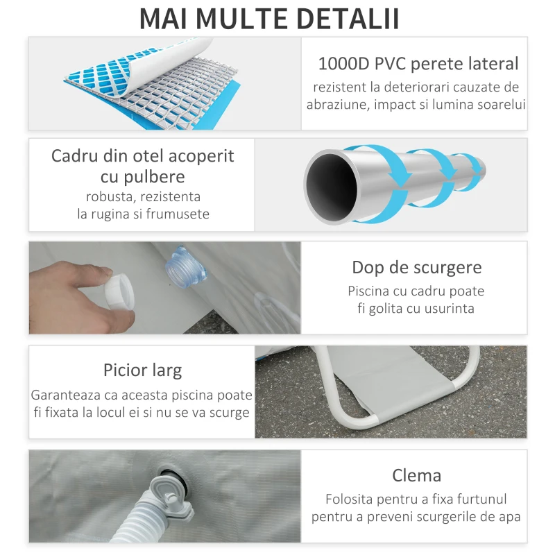 Outsunny Piscina supraterana cu cadru de otel cu pompa de filtru, cartus filtrant, pereti laterali ranforsati Rezistenta la rugina Piscina supraterana 580L x 310l x 122H cm, Gri deschis