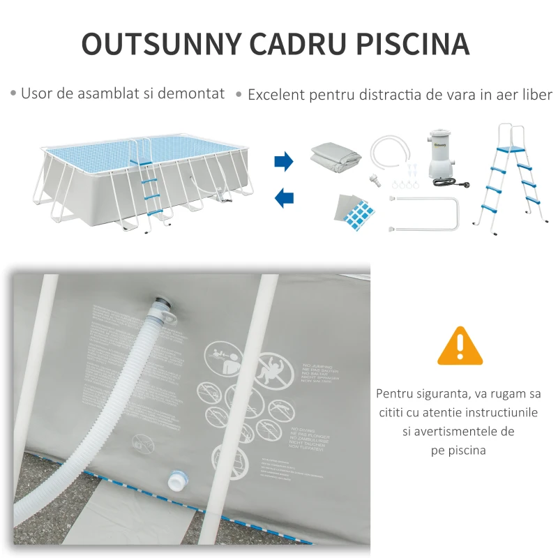 Outsunny Piscina supraterana cu cadru de otel cu pompa de filtru, cartus filtrant, pereti laterali ranforsati Rezistenta la rugina Piscina supraterana 580L x 310l x 122H cm, Gri deschis