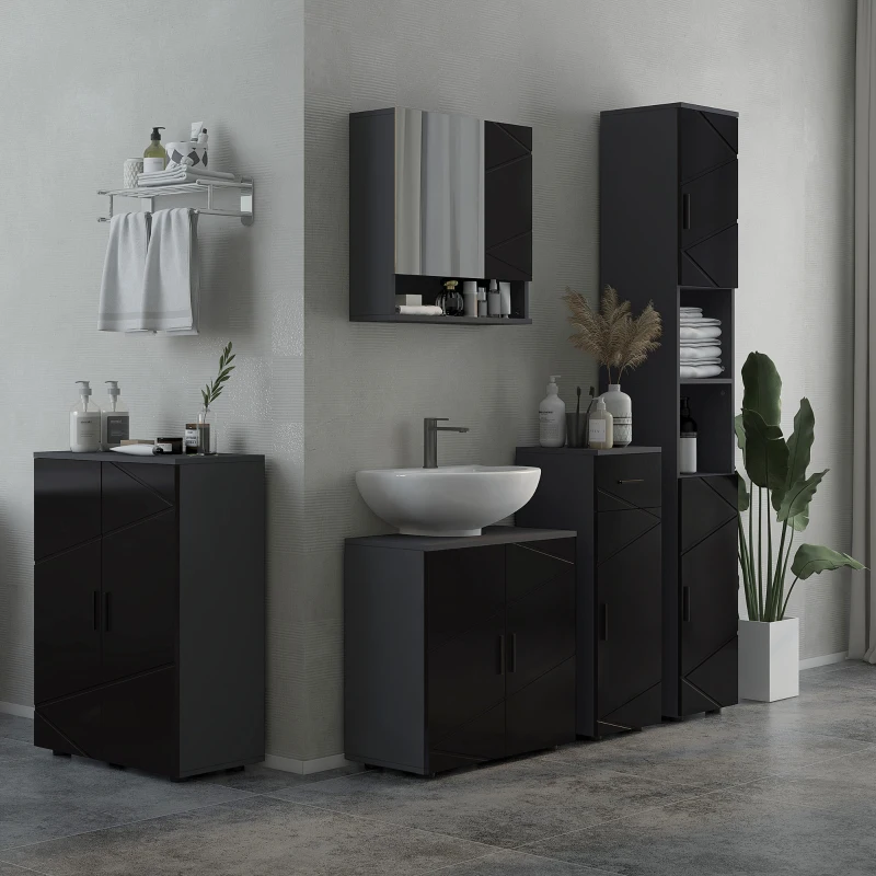 kleankin Mobiletto Bagno in Truciolato con Cassetto e Armadietto a 2 Livelli Regolabili, 30x30x82 cm, Nero e Grigio