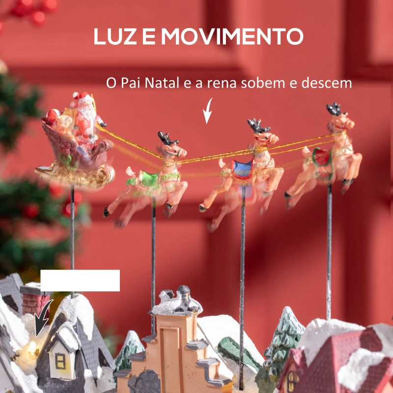 HOMCOM Aldeia de Natal  Cena de Decoração Natalícia Iluminada com Luzes LED Árvore de Natal Pai Natal e Renos 38,5x20,5x33cm Multicor