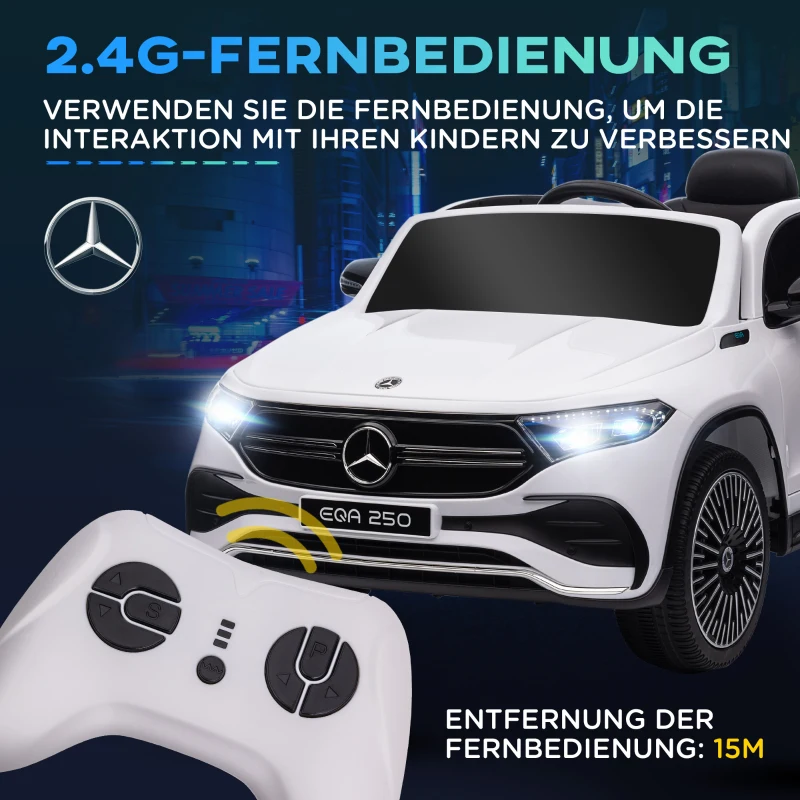 HOMCOM Elektrische kinderauto, gelicenseerde Mercedes-Benz EQA, 3-8 km/u, muziek, koplampen, claxon, afstandsbediening, wit