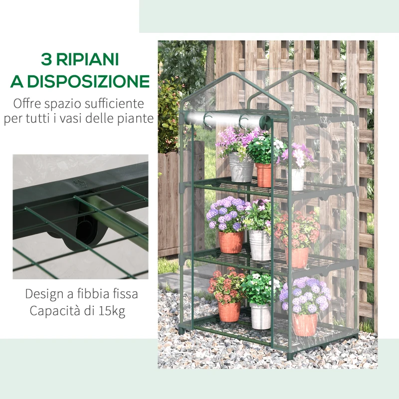 Outsunny Mini Serra con Copertura in Plastica, Telaio in Acciaio con 3 Ripiani, 69x49x125cm, Trasparente