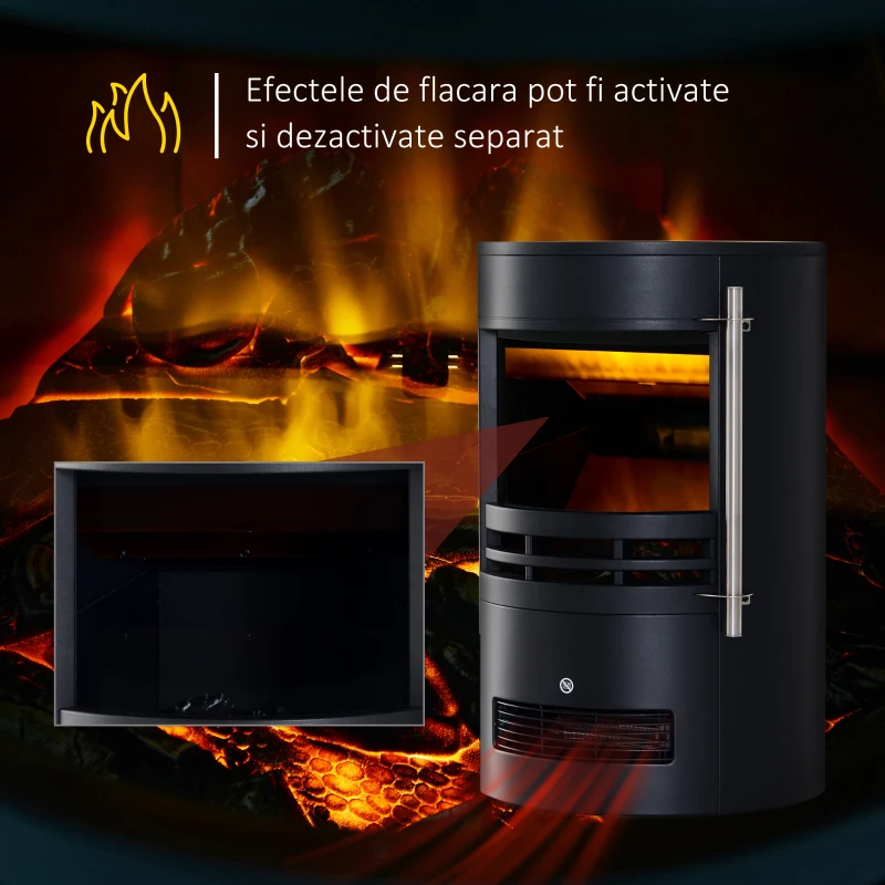 HOMCOM Șemineu Electric de Sol, Șemineu Rotund cu Putere de 900W/2000W și Efect de Flacără, 41x41x64,5 cm, Negru