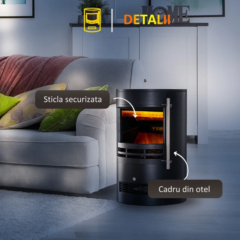 HOMCOM Șemineu Electric de Sol, Șemineu Rotund cu Putere de 900W/2000W și Efect de Flacără, 41x41x64,5 cm, Negru