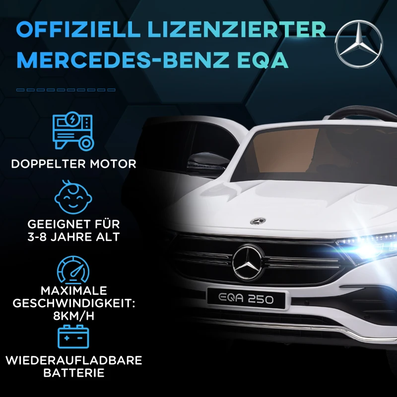 HOMCOM Elektrische kinderauto, gelicenseerde Mercedes-Benz EQA, 3-8 km/u, muziek, koplampen, claxon, afstandsbediening, wit