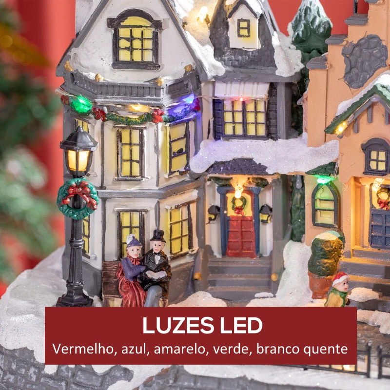 HOMCOM Aldeia de Natal  Cena de Decoração Natalícia Iluminada com Luzes LED Árvore de Natal Pai Natal e Renos 38,5x20,5x33cm Multicor