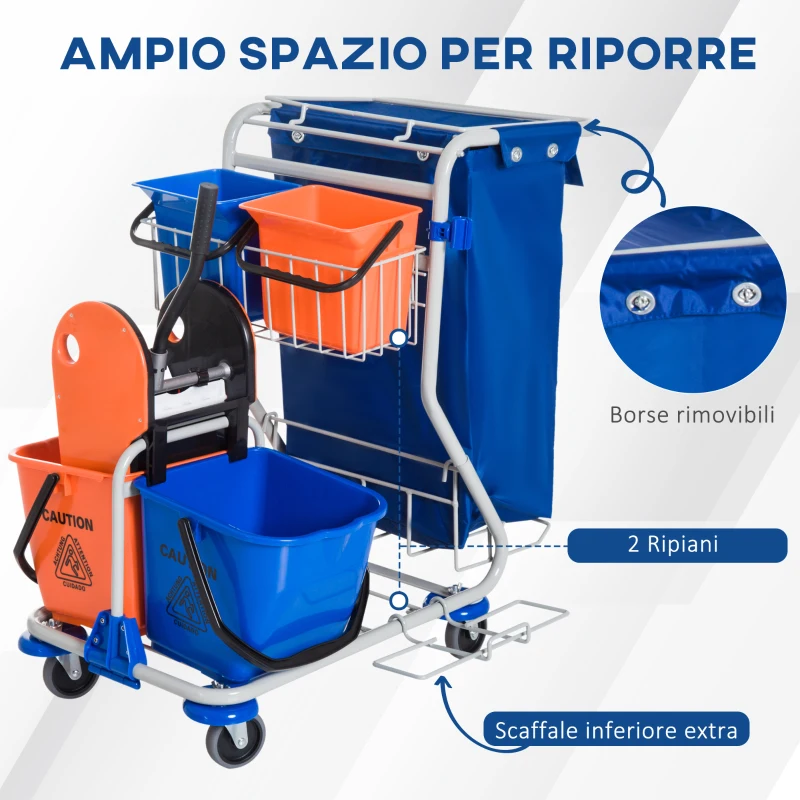 HOMCOM Carrello Pulizie Professionale con Sacco per Immondizia, 2 Secchi Lavapavimenti 18L, 2 Secchio Portaoggetti 6L, Strizzatore per Mocio, Gancio e Ruote per Hotel e Albergo, 93x80x97 cm, Arancione